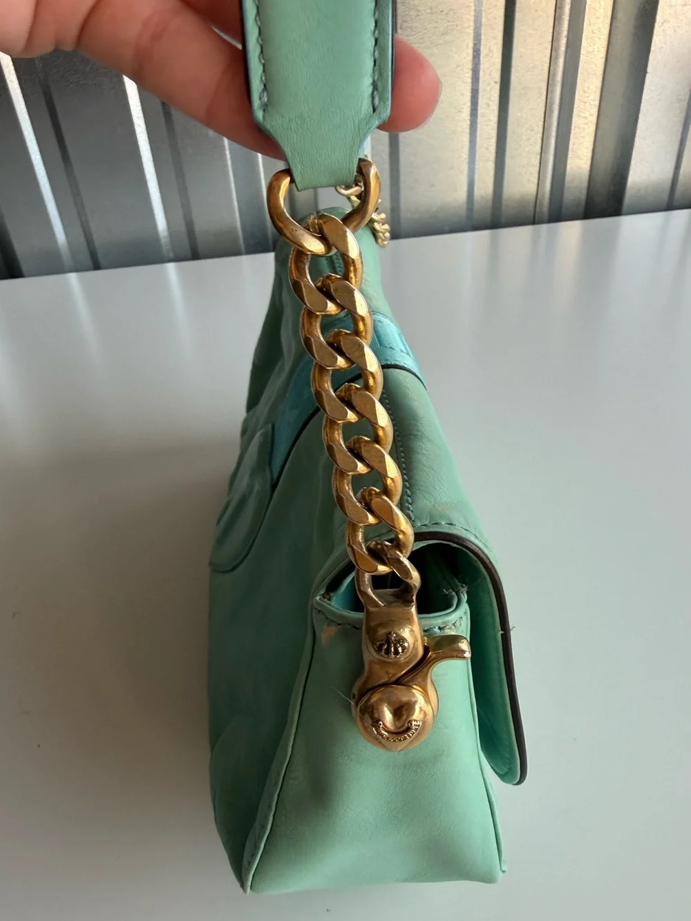Vintage Juicy Couture Turquoise Leather Shoulder Bag Heart Mirror Y2K